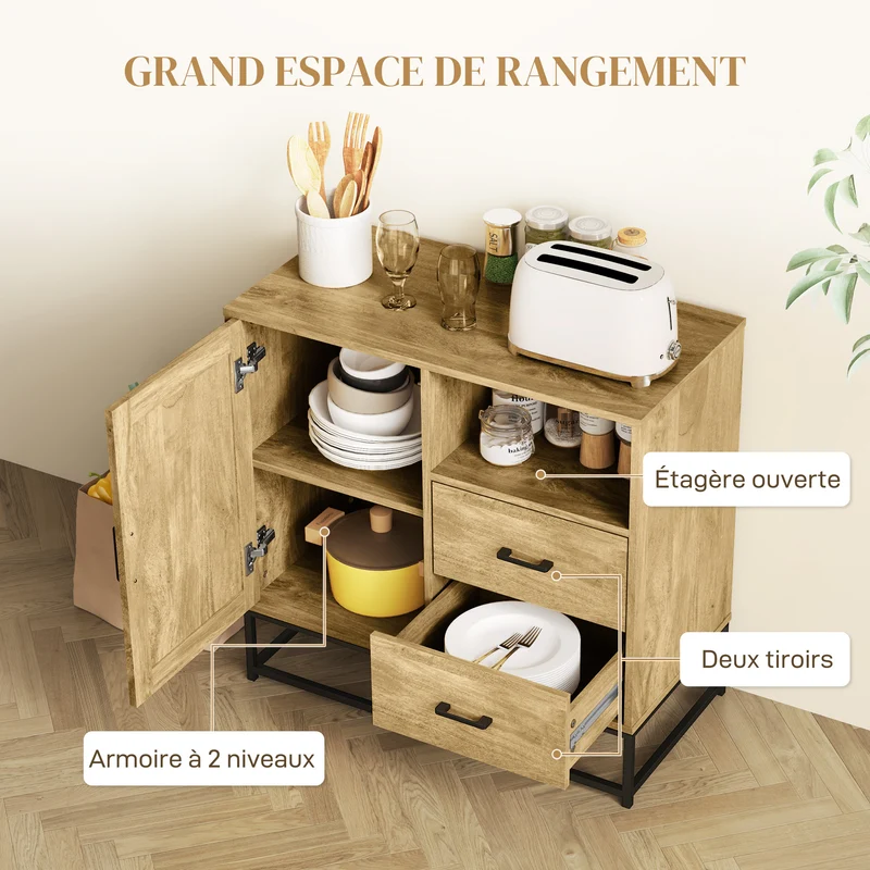 Buffet de rangement 80 x 40 x 78 cm 2 tiroirs coulissants cosy style scandinave en panneau de particules bois naturel 21_0003423