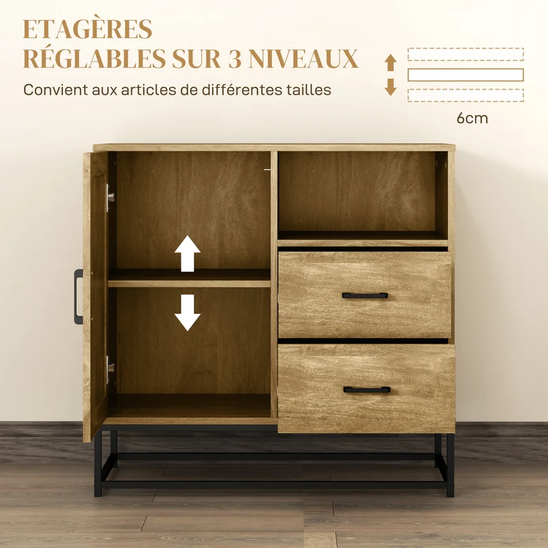 Buffet de rangement 80 x 40 x 78 cm 2 tiroirs coulissants cosy style scandinave en panneau de particules bois naturel 21_0003423
