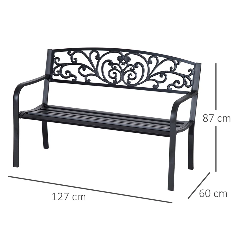 Banc de jardin terrasse 127 x 60 x 87 cm assise confortable dossier arrondi design épuré contemporain en acier noir 21_0003807