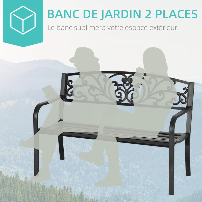 Banc de jardin terrasse 127 x 60 x 87 cm assise confortable dossier arrondi design épuré contemporain en acier noir 21_0003807