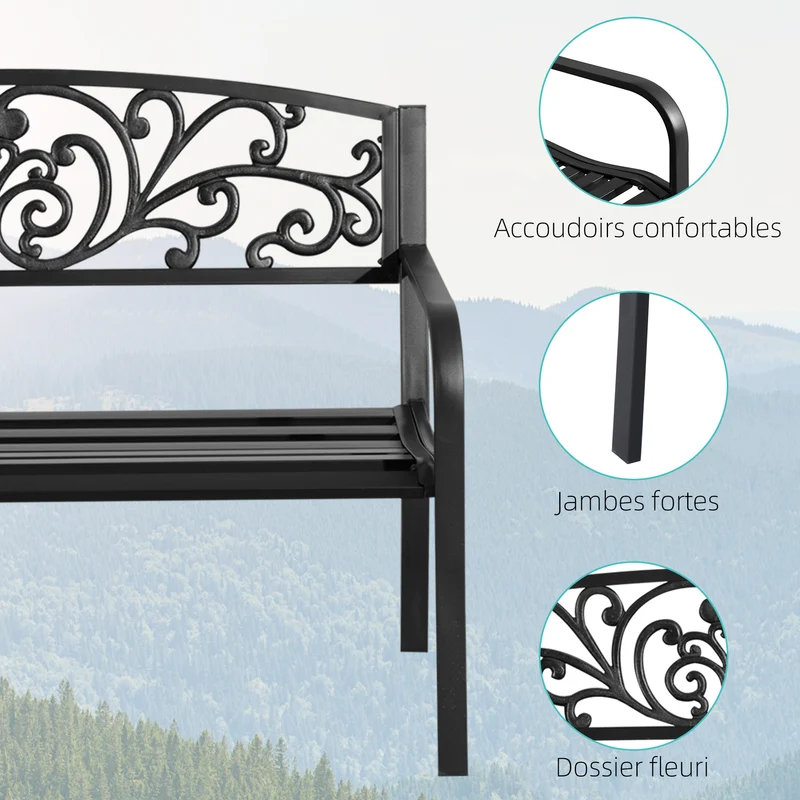Banc de jardin terrasse 127 x 60 x 87 cm assise confortable dossier arrondi design épuré contemporain en acier noir 21_0003807