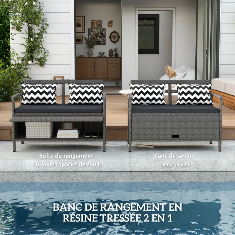 Banc de jardin 2 places 112 x 62 x 82 cm rangement 160 l assise rembourrée style contemporain cosy en rotin pe gris 21_0006030
