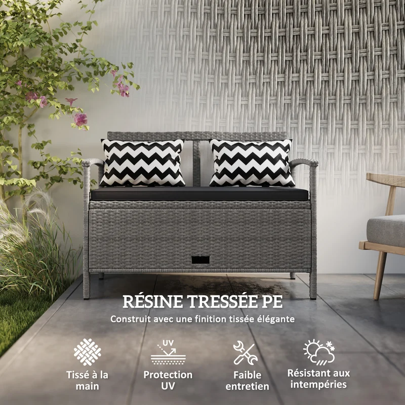 Banc de jardin 2 places 112 x 62 x 82 cm rangement 160 l assise rembourrée style contemporain cosy en rotin pe gris 21_0006030