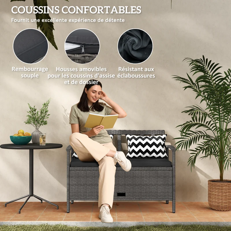 Banc de jardin 2 places 112 x 62 x 82 cm rangement 160 l assise rembourrée style contemporain cosy en rotin pe gris 21_0006030