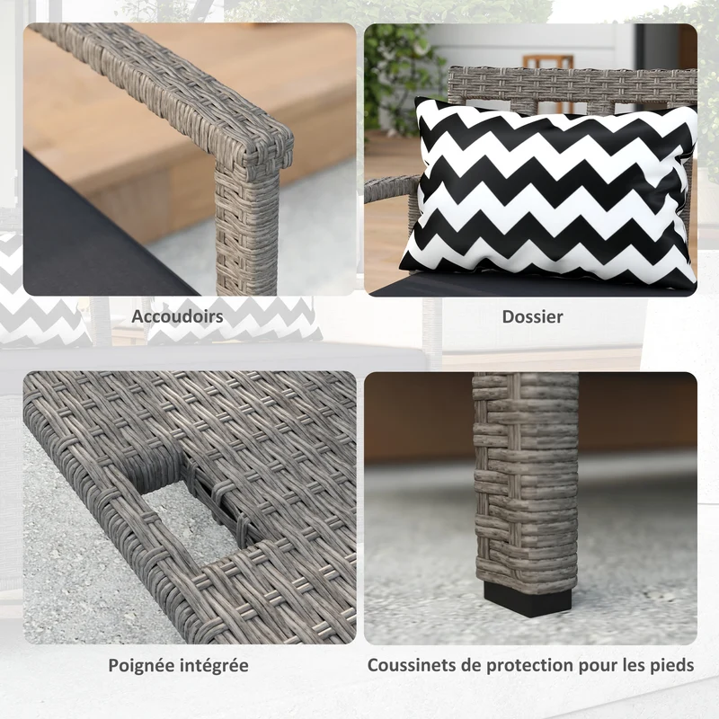 Banc de jardin 2 places 112 x 62 x 82 cm rangement 160 l assise rembourrée style contemporain cosy en rotin pe gris 21_0006030