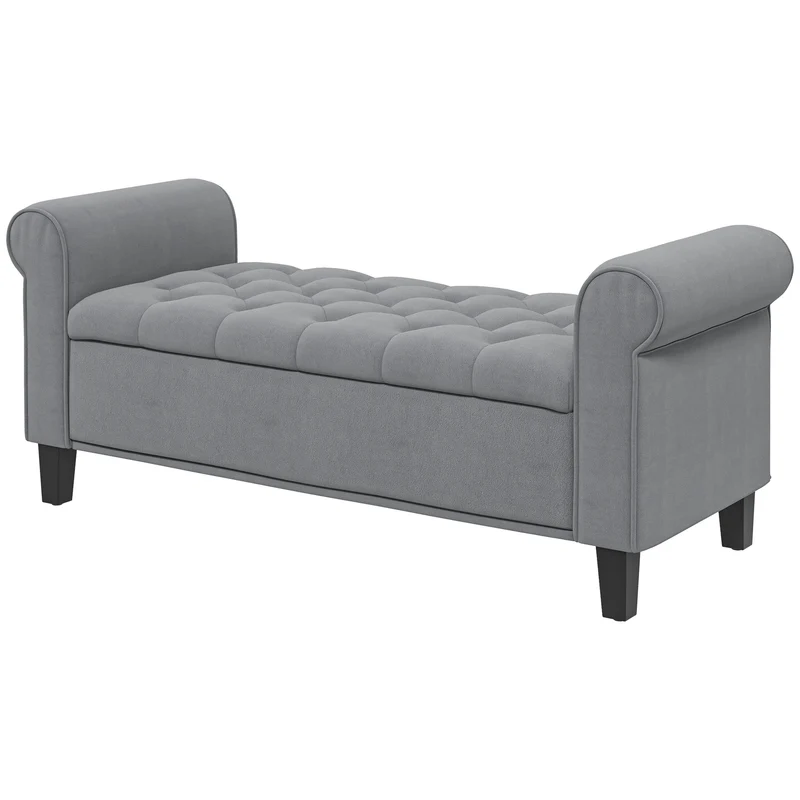 Banc coffre bout de lit 126 x 48.5 x 57 cm assise capitonnée coffre de rangement moderne et douillet en polyester gris 21_0002912