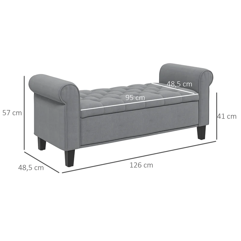 Banc coffre bout de lit 126 x 48.5 x 57 cm assise capitonnée coffre de rangement moderne et douillet en polyester gris 21_0002912