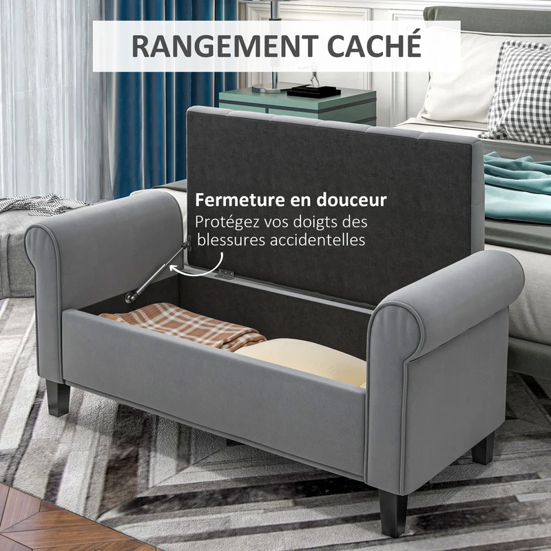 Banc coffre bout de lit 126 x 48.5 x 57 cm assise capitonnée coffre de rangement moderne et douillet en polyester gris 21_0002912