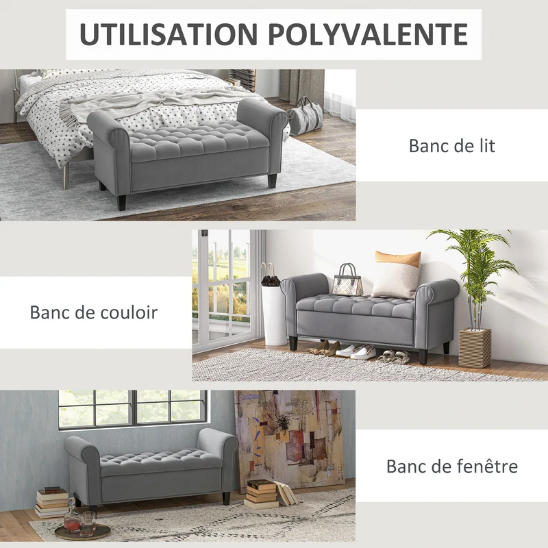 Banc coffre bout de lit 126 x 48.5 x 57 cm assise capitonnée coffre de rangement moderne et douillet en polyester gris 21_0002912