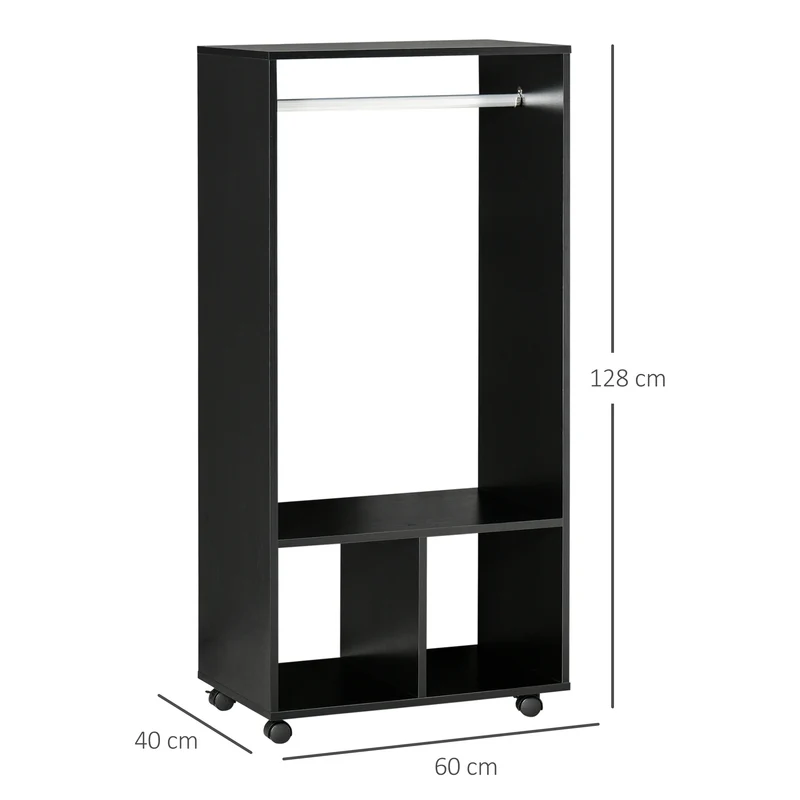 Armoire penderie 60 x 40 x 128 cm avec étagère 2 niches roulettes à frein moderne épuré en panneaux de particules noir 21_0001430