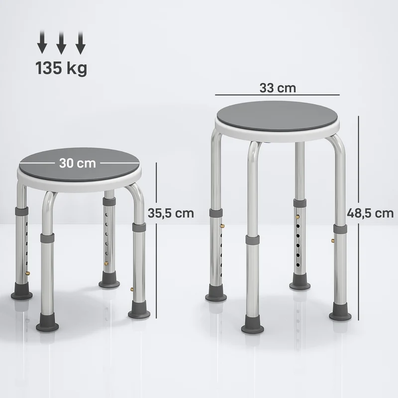 Tabouret de douche siège rond 33 x 36-49 cm antidérapant réglable 6 niveaux pivotant moderne épuré en aluminium gris 21_0000876