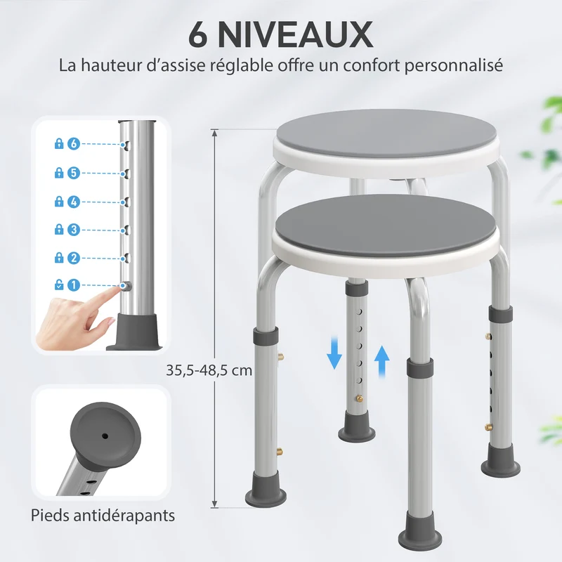 Tabouret de douche siège rond 33 x 36-49 cm antidérapant réglable 6 niveaux pivotant moderne épuré en aluminium gris 21_0000876