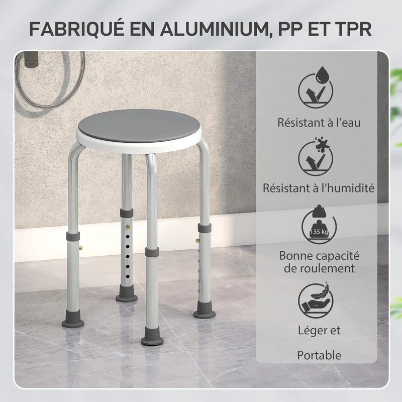 Tabouret de douche siège rond 33 x 36-49 cm antidérapant réglable 6 niveaux pivotant moderne épuré en aluminium gris 21_0000876