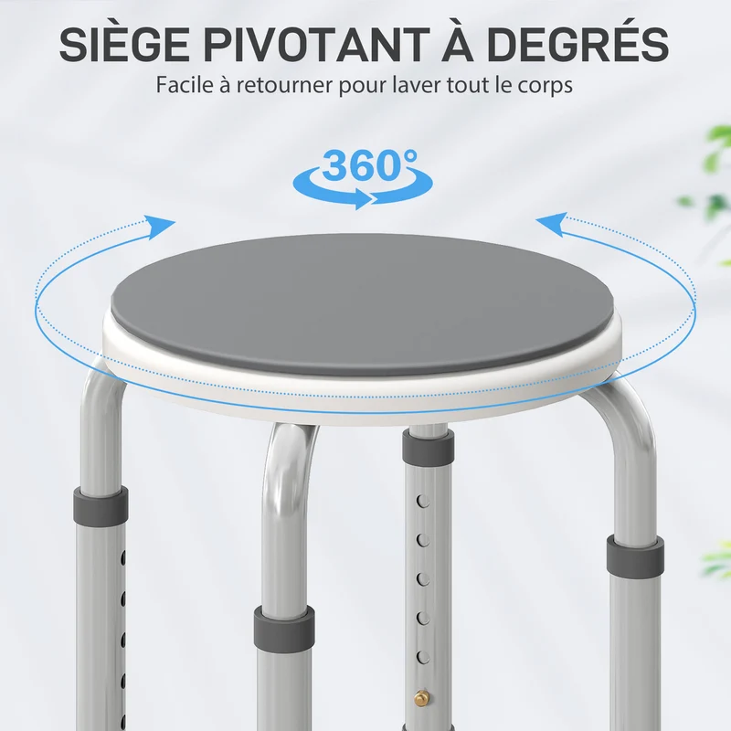Tabouret de douche siège rond 33 x 36-49 cm antidérapant réglable 6 niveaux pivotant moderne épuré en aluminium gris 21_0000876