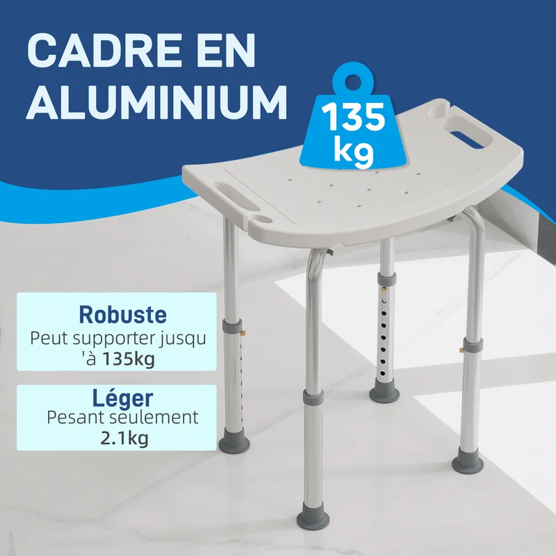 Tabouret de douche pour mobilité réduite 50 x 36 x 39,5-56,5 cm réglable antidérapant épuré en alliage d'aluminium blanc 21_0000927