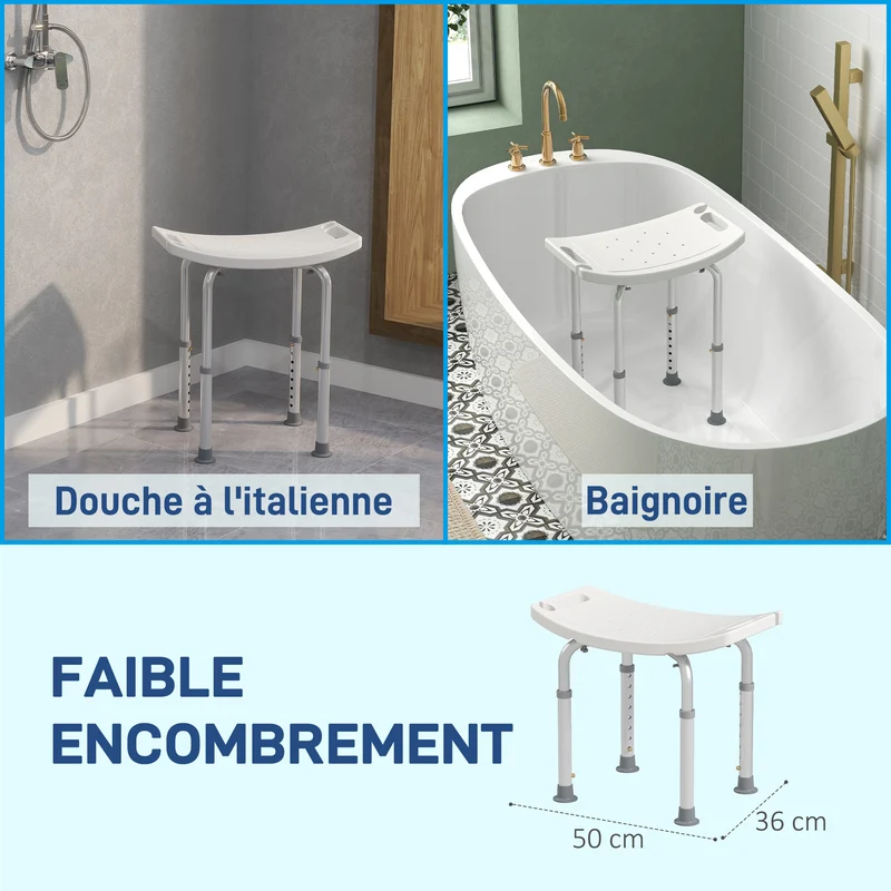 Tabouret de douche pour mobilité réduite 50 x 36 x 39,5-56,5 cm réglable antidérapant épuré en alliage d'aluminium blanc 21_0000927