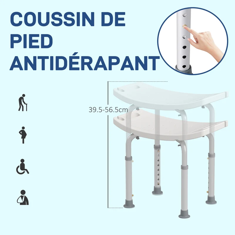 Tabouret de douche pour mobilité réduite 50 x 36 x 39,5-56,5 cm réglable antidérapant épuré en alliage d'aluminium blanc 21_0000927