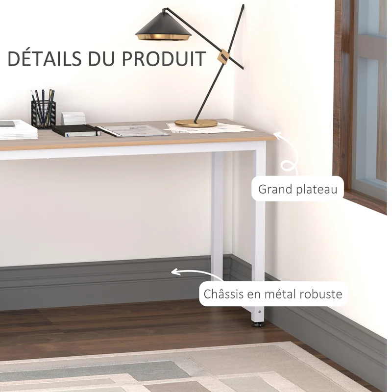 Table multifonction bureau 120 x 60 x 76 cm grand plateau stable piètements réglables design industriel en MDF chêne 21_0002419