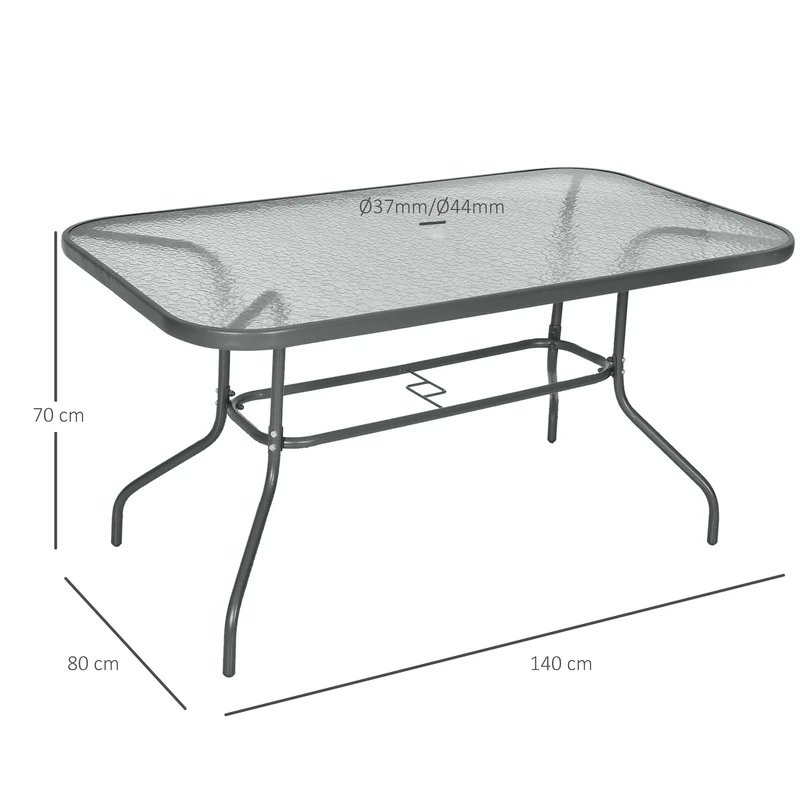Table de jardin rectangulaire 140 x 80 x 70 cm pour 8 avec trou parasol pieds antidérapants contemporain en métal gris 21_0004626