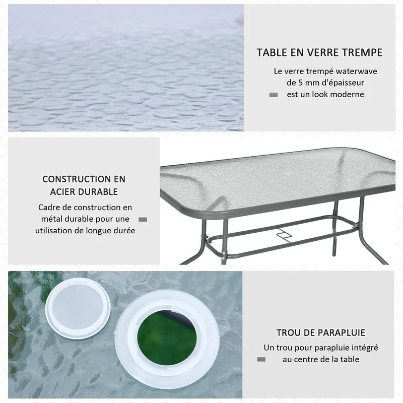 Table de jardin rectangulaire 140 x 80 x 70 cm pour 8 avec trou parasol pieds antidérapants contemporain en métal gris 21_0004626