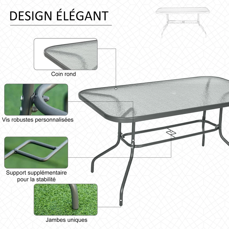 Table de jardin rectangulaire 140 x 80 x 70 cm pour 8 avec trou parasol pieds antidérapants contemporain en métal gris 21_0004626