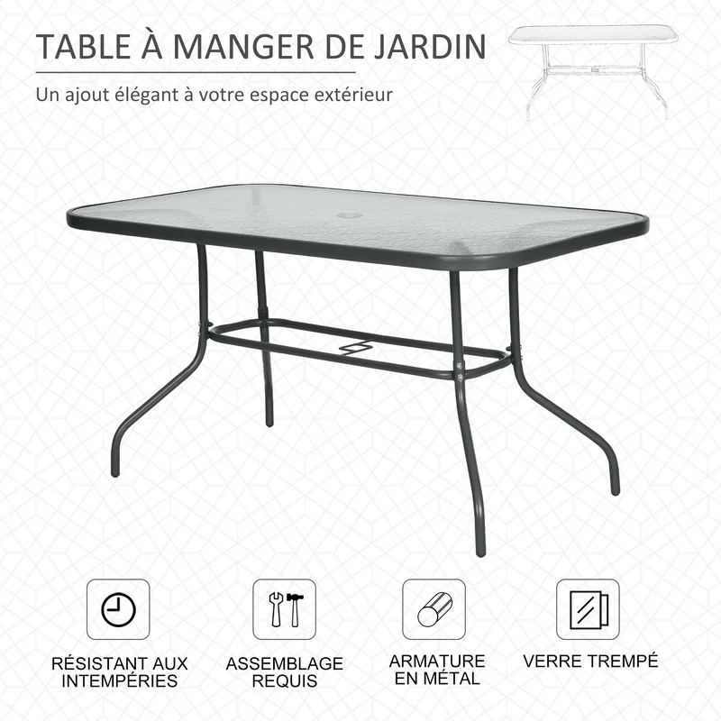 Table de jardin rectangulaire 140 x 80 x 70 cm pour 8 avec trou parasol pieds antidérapants contemporain en métal gris 21_0004626