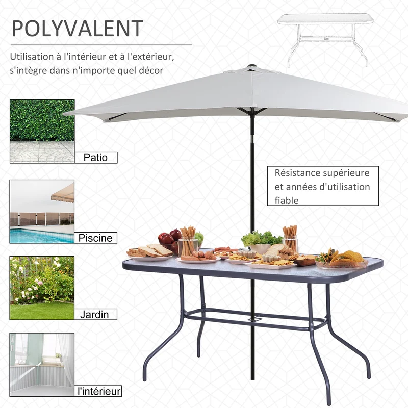 Table de jardin rectangulaire 140 x 80 x 70 cm pour 8 avec trou parasol pieds antidérapants contemporain en métal gris 21_0004626