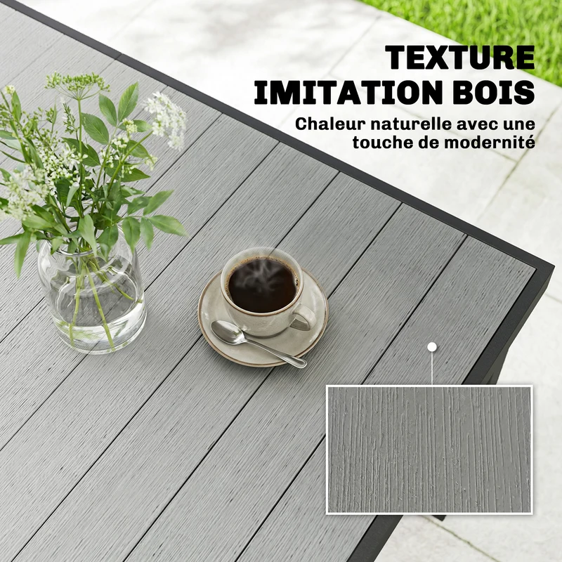 Table de jardin 140 x 90 x 74 cm 4 à 6 personnes plateau à lattes anti eau stable moderne traitée en bois-plastique gris 21_0005394