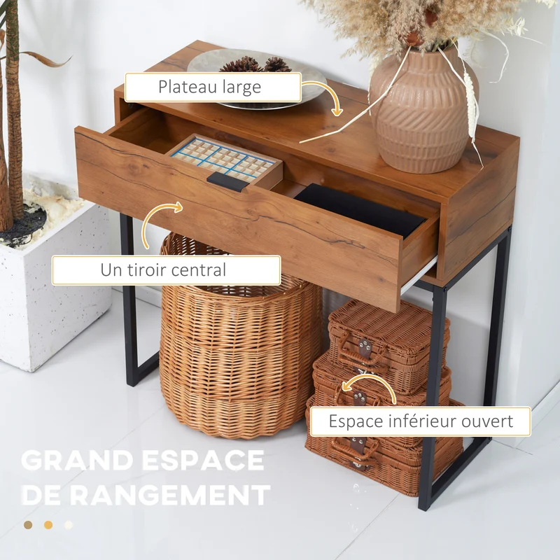 Table console entrée couloir 80 x 30 x 76 cm rangement tiroir gain de place moderne en panneau de particules marron 21_0002665