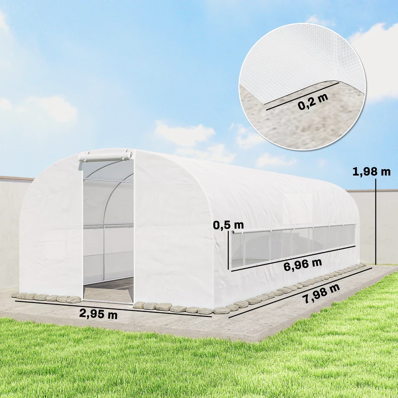 Serre tunnel de jardin 295 x 798 x 198 cm ventilation croisée protection uv design contemporain en acier galvanisé blanc 21_0005587