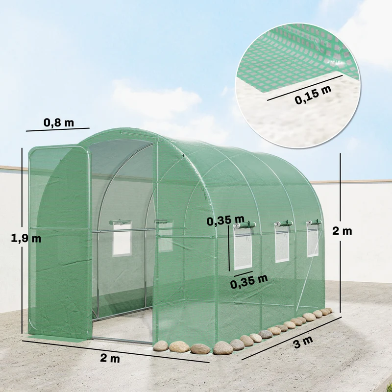 Serre tunnel de jardin 200 x 300 x 200 cm porte battante ventilation idéal pour potager semis moderne épuré en pe vert 21_0005608