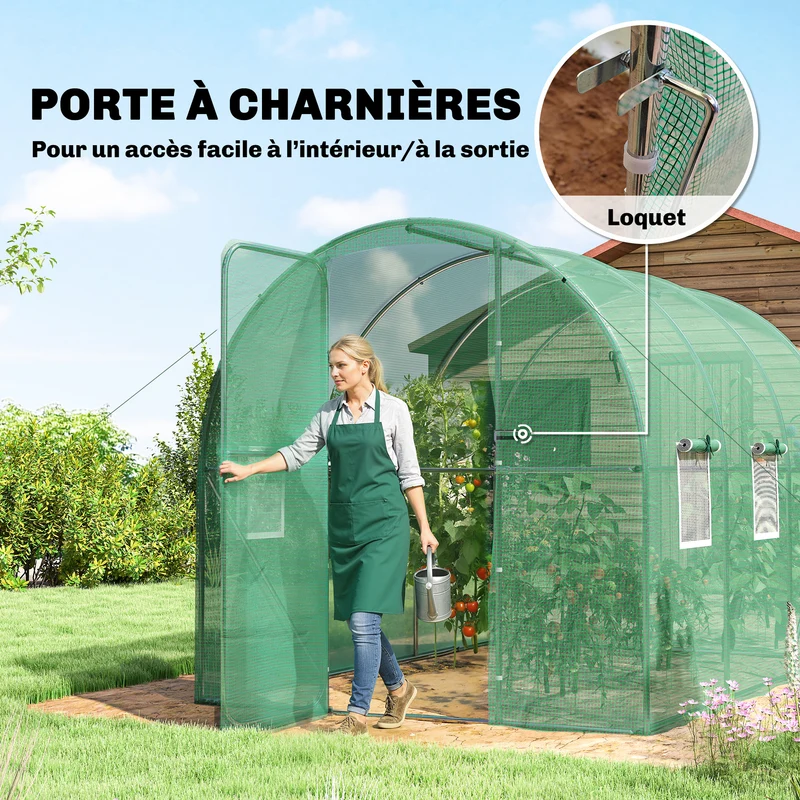Serre tunnel de jardin 200 x 300 x 200 cm porte battante ventilation idéal pour potager semis moderne épuré en pe vert 21_0005608