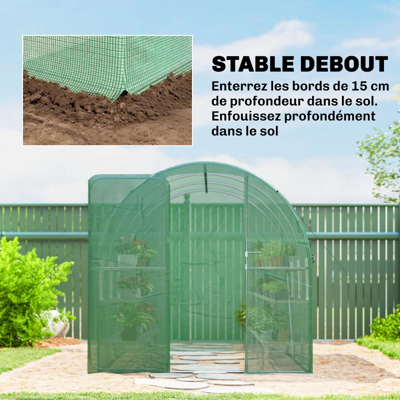 Serre tunnel de jardin 200 x 300 x 200 cm porte battante ventilation idéal pour potager semis moderne épuré en pe vert 21_0005608