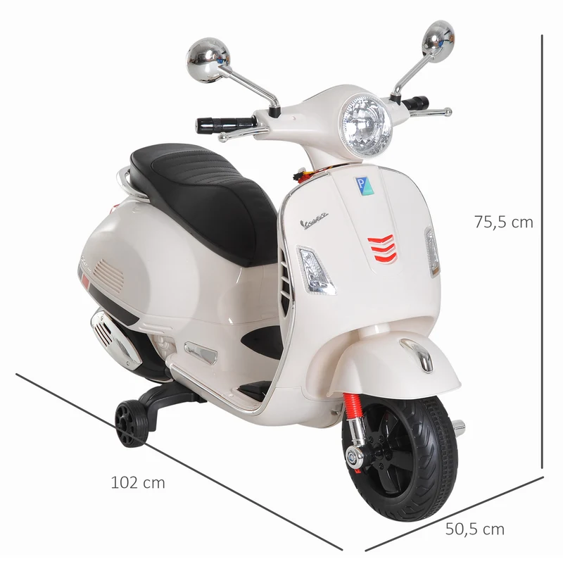 Scooter électrique enfant moto 102 x 51 x 76 cm roulettes auxiliaires lecteur mp3 port usb design jardin en PP blanc 21_0000437