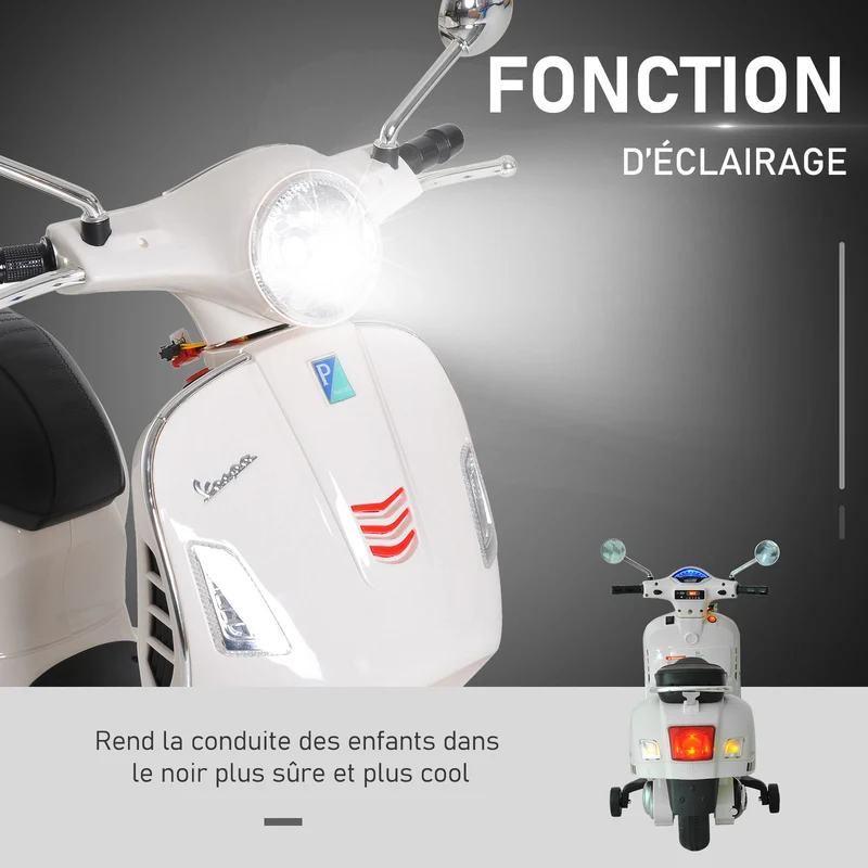 Scooter électrique enfant moto 102 x 51 x 76 cm roulettes auxiliaires lecteur mp3 port usb design jardin en PP blanc 21_0000437