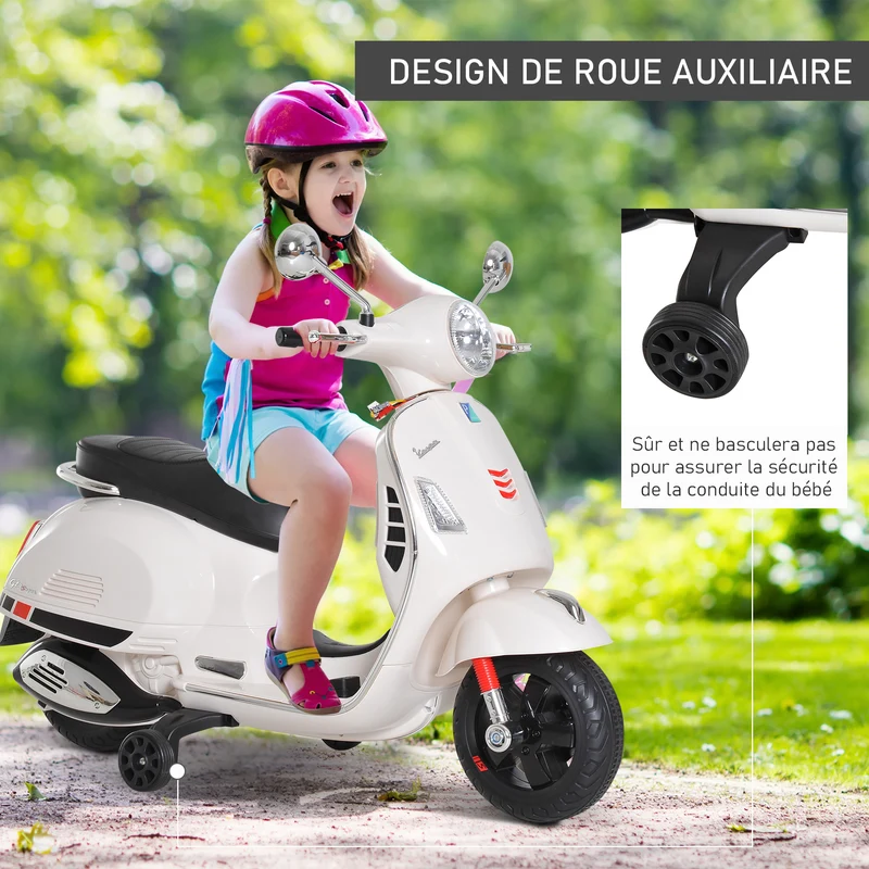 Scooter électrique enfant moto 102 x 51 x 76 cm roulettes auxiliaires lecteur mp3 port usb design jardin en PP blanc 21_0000437