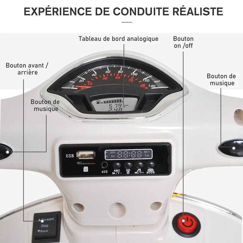 Scooter électrique enfant moto 102 x 51 x 76 cm roulettes auxiliaires lecteur mp3 port usb design jardin en PP blanc 21_0000437