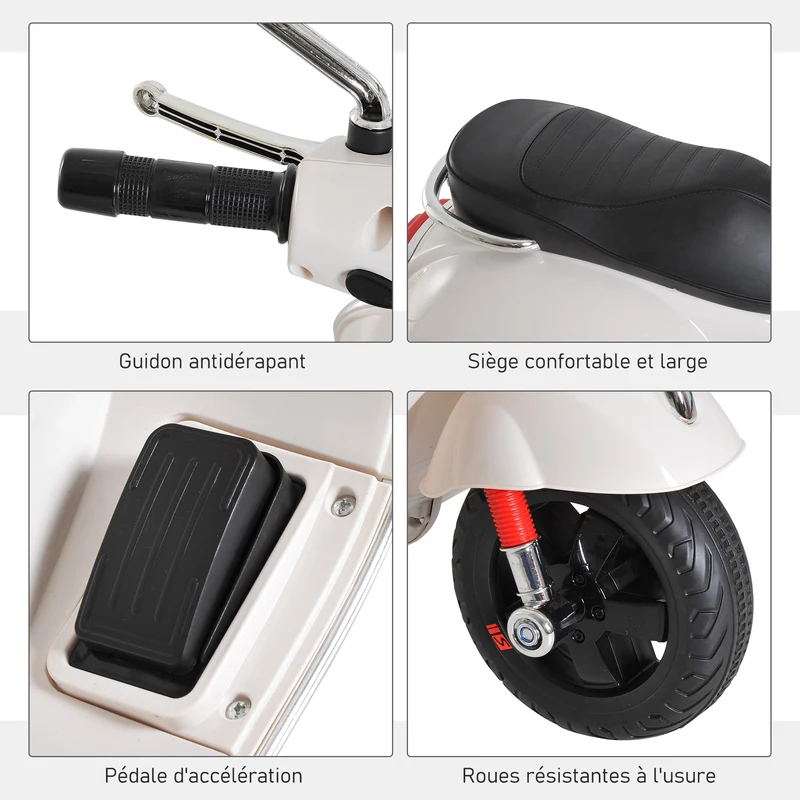 Scooter électrique enfant moto 102 x 51 x 76 cm roulettes auxiliaires lecteur mp3 port usb design jardin en PP blanc 21_0000437