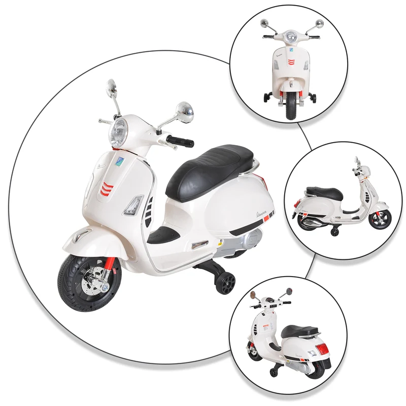 Scooter électrique enfant moto 102 x 51 x 76 cm roulettes auxiliaires lecteur mp3 port usb design jardin en PP blanc 21_0000437