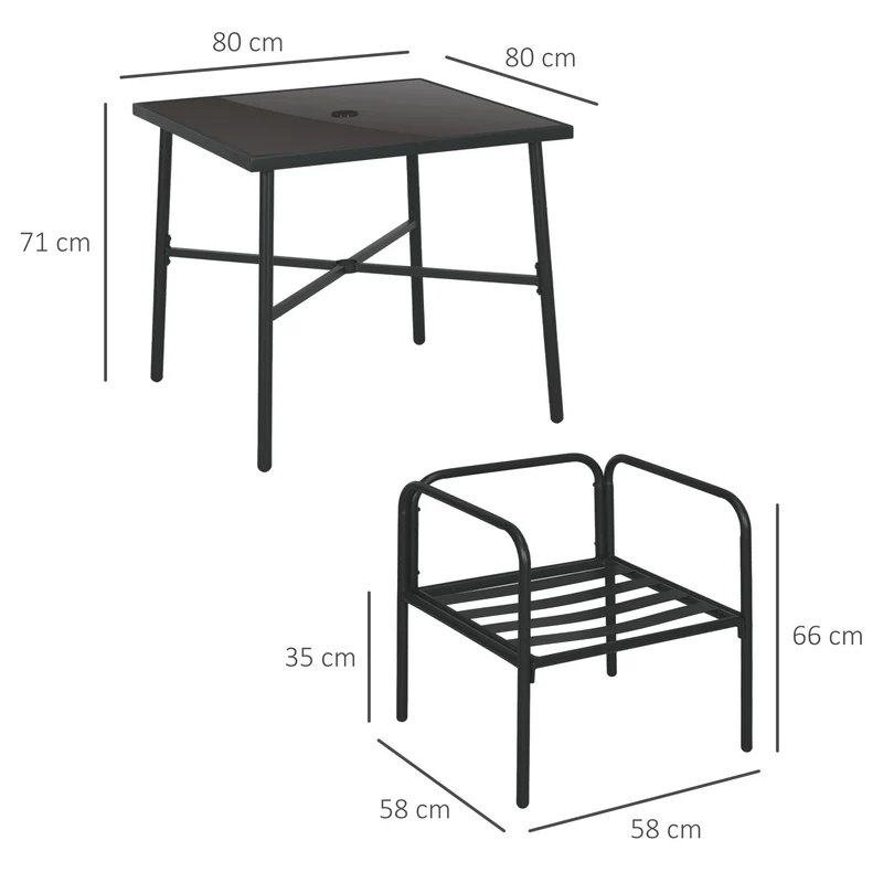 Salon de jardin extérieur 5 pièces table carrée 80 x 80 x 71 cm coussins déperlants design contemporain en acier noir 21_0005198
