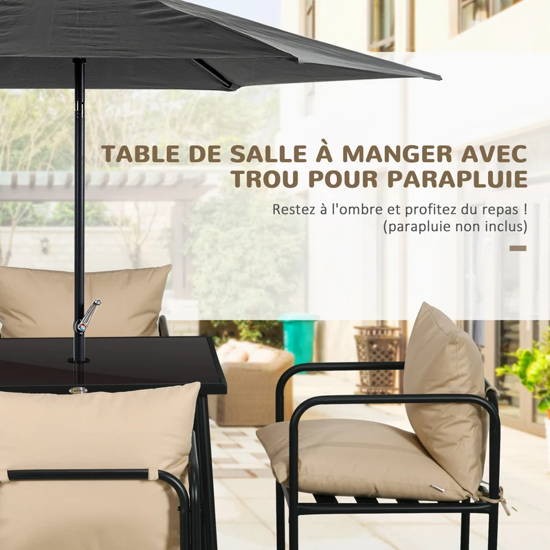 Salon de jardin extérieur 5 pièces table carrée 80 x 80 x 71 cm coussins déperlants design contemporain en acier noir 21_0005198