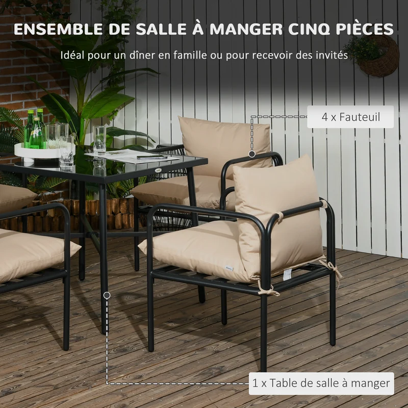 Salon de jardin extérieur 5 pièces table carrée 80 x 80 x 71 cm coussins déperlants design contemporain en acier noir 21_0005198