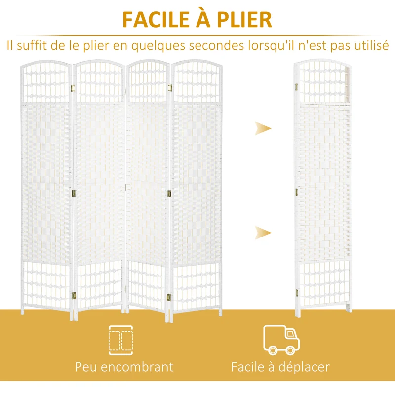 Paravent pliable séparateur de pièce 160 x 170 cm intimité modulable facile à déplacer design moderne en bois blanc 21_0001273