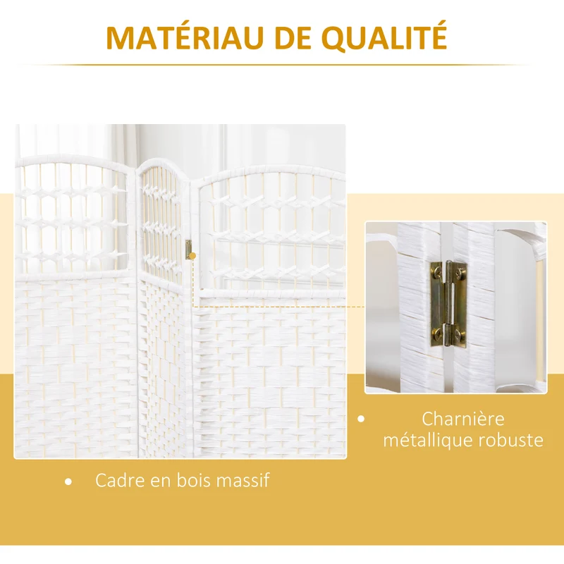 Paravent pliable séparateur de pièce 160 x 170 cm intimité modulable facile à déplacer design moderne en bois blanc 21_0001273