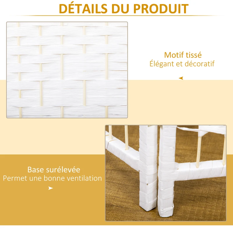Paravent pliable séparateur de pièce 160 x 170 cm intimité modulable facile à déplacer design moderne en bois blanc 21_0001273