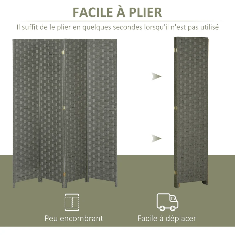 Paravent intérieur 4 panneaux 159.5 x 169.5 x 1.6 cm pliable autoportant intimité rustique scandinave en bois gris 21_0001248