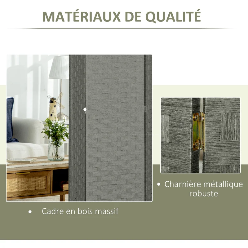 Paravent intérieur 4 panneaux 159.5 x 169.5 x 1.6 cm pliable autoportant intimité rustique scandinave en bois gris 21_0001248