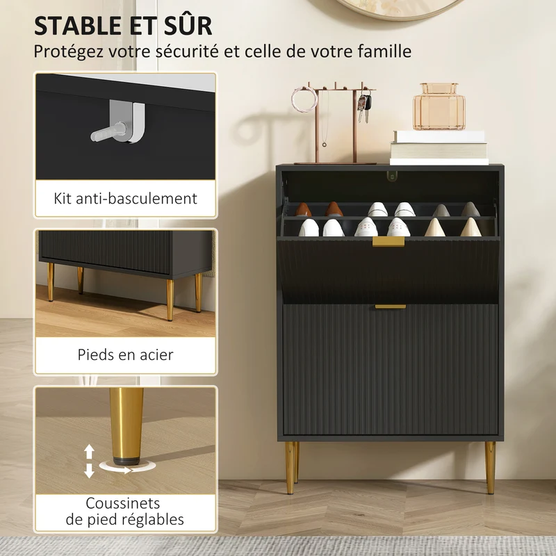 Meuble à chaussures d'entrée 60 x 24 x 91,5 cm rangement modulable capacité 12 paires style contemporain en MDF noir 21_0002761