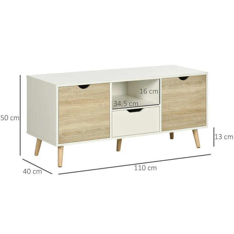 Meuble tv bas pour salon 110 x 40 x 50 cm grand rangement tiroir armoires moderne épuré en panneau de particules blanc 21_0002856