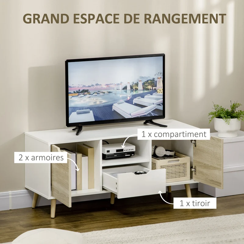 Meuble tv bas pour salon 110 x 40 x 50 cm grand rangement tiroir armoires moderne épuré en panneau de particules blanc 21_0002856
